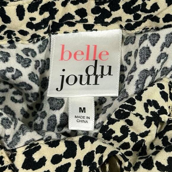 Belle du Jour Leopard Print Button Front Blouse Top Size M Black Cream Rayon - Picture 5 of 9